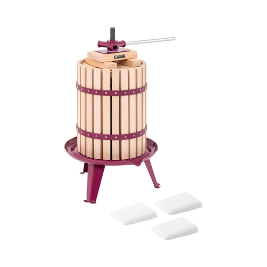 Fruktpress - manuell - trä - 18 L - inkl. träblock, pressplatta och 3 pressdukar