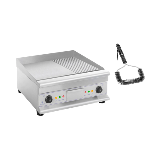 Set dubbelt elektriskt stekbord med grillborste - 60 cm - slät/räfflad - stål - 2 x 3200 W