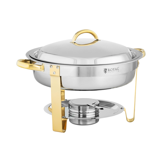 Chafing dish - Rund - Gulddetaljer - 4,5 L - 1 bränslecell - Vikbara fötter - Royal Catering