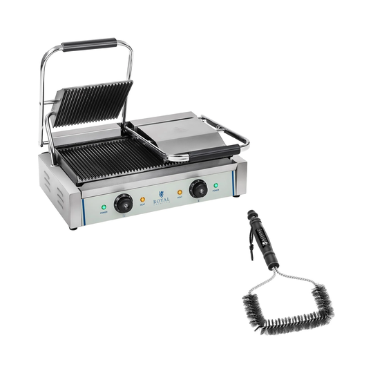 Set dubbel kontaktgrill och grillborste - 2 x 1800 W - Räfflad